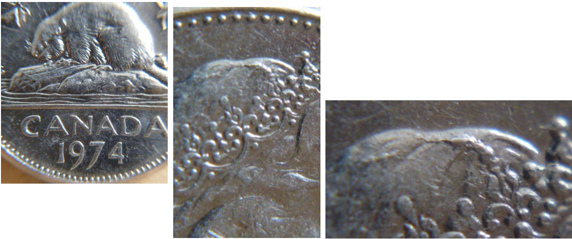 5 Cents 1974-Éclat de coin dans les cheveux effigie.JPG
