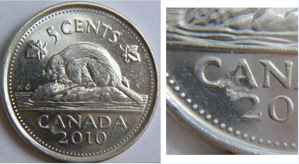 5 Cents 2010-Frappe a travers sur le A de cAnada-1.JPG