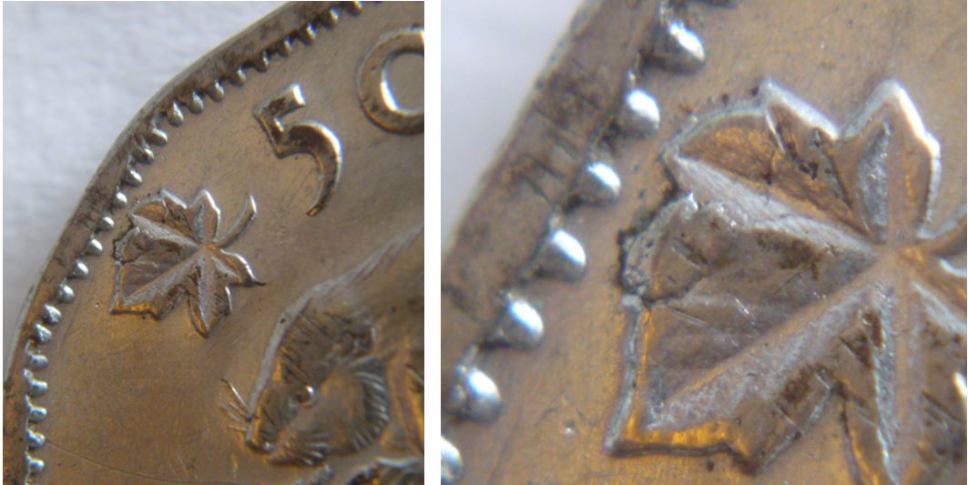 5 Cents 1953 près- Éclat de coin sur feuille gauche-2.JPG
