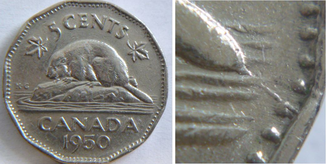 5 Cents 1950-Coin fendillé a la queue du castor+double CENT-coin détérioré-1.JPG