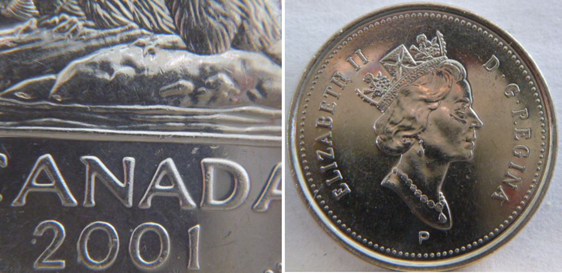 5 Cents 2001P- Bizarre de patte arrière-Éclat du coin-1.JPG