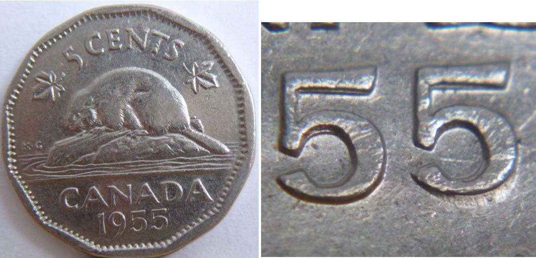 5 Cents 1955-Double date -Coin détérioré-1.JPG