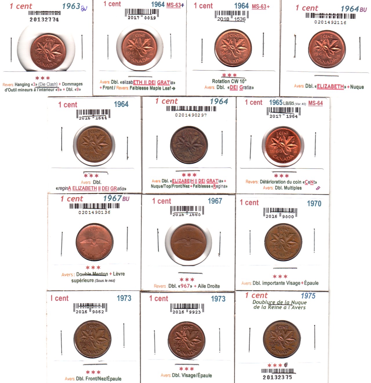 À Vendre - Lot 13 x 1c 1963-1975 avec Erreur - 0113 - Revers.jpg
