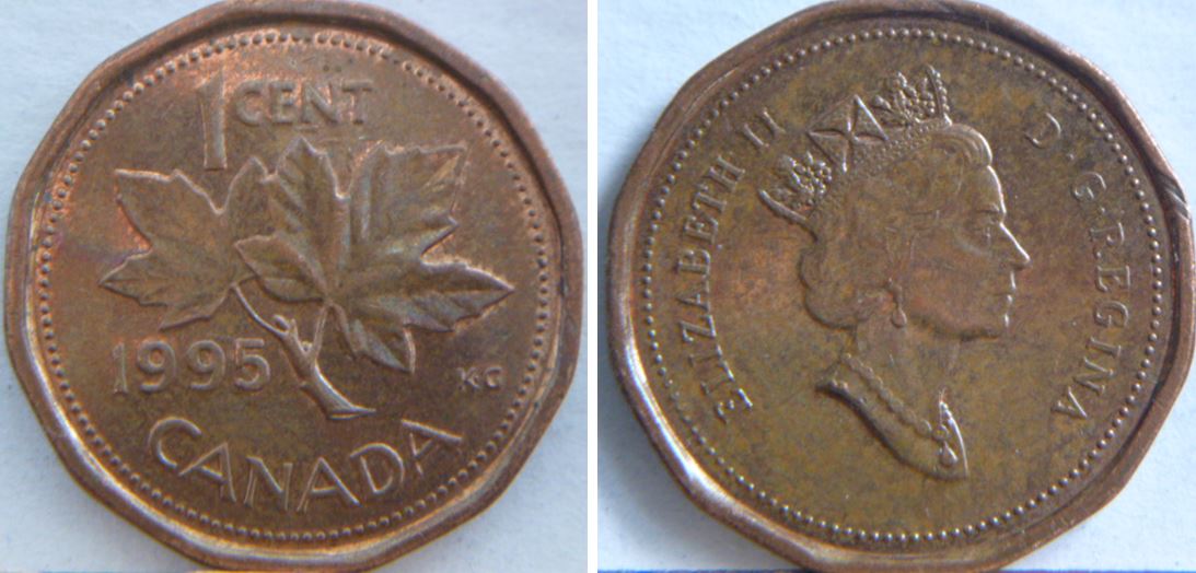 1 Cent 1995-Coin entrechoqué revers et avers-.JPG