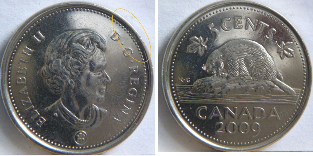 5 Cents 2009-Polissage ou Dommage du coin du coté avers-1.JPG