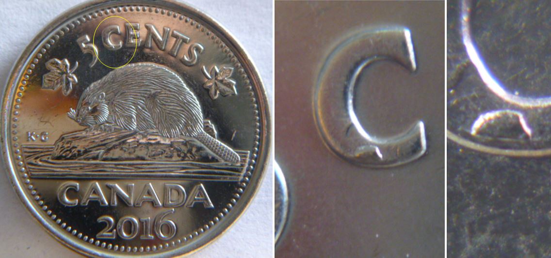 5 Cents 2016-Éclat de coin sur le C de Cents.JPG