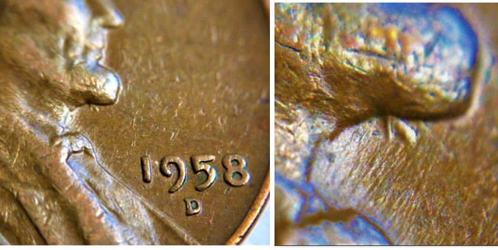 1 Cent USA-1958D-Dommage du coin sous menton et défaut a travers le 9-1.JPG