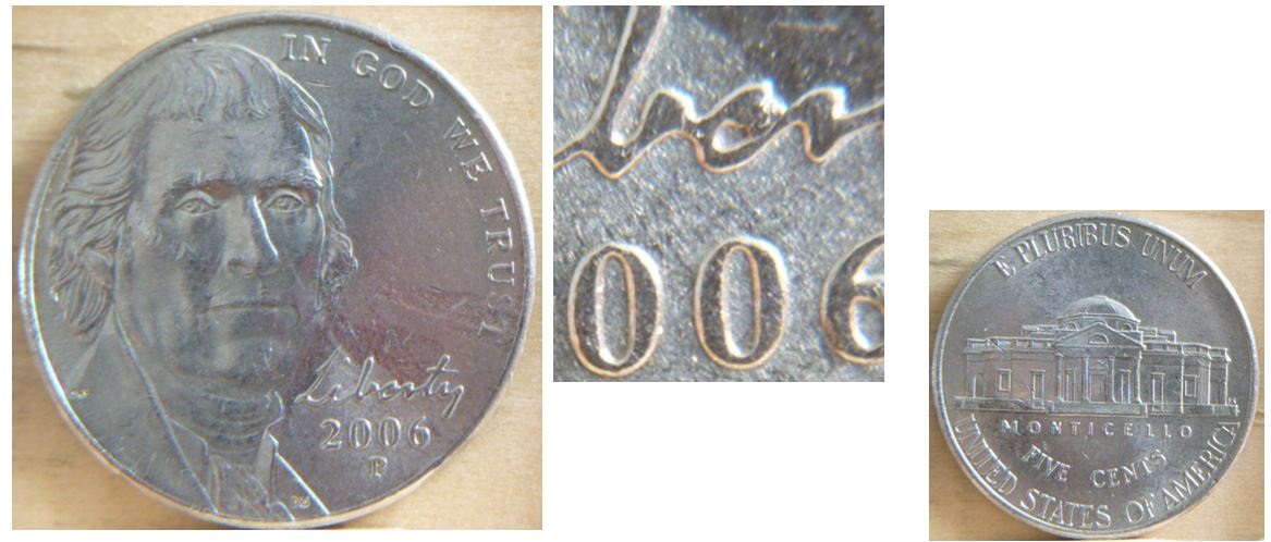 5 Cents USA 2006P- Éclat de coin entre E R de Liberty.JPG