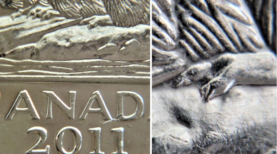 5 Cents 2011-Deux Éclat du coin patte arrière-Griffe additionnel-1.JPG