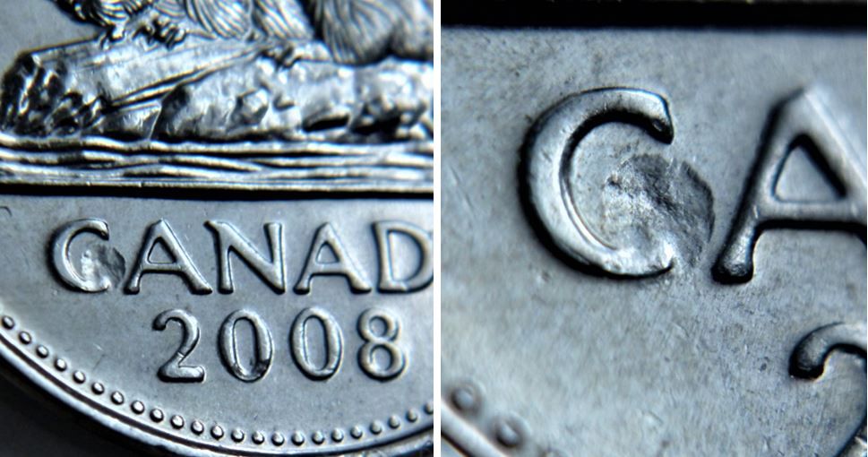 5 Cents 2008-Frappe a travers sur le C de Canada.JPG