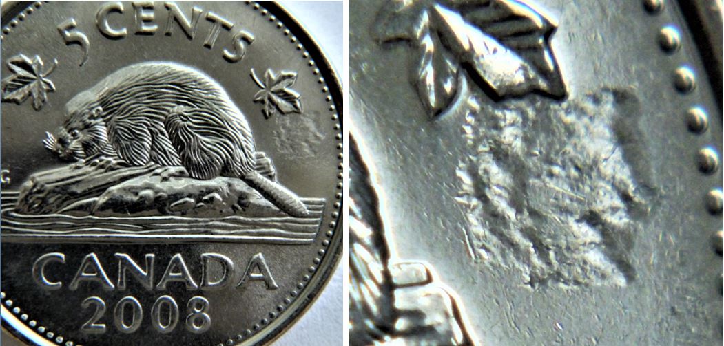 5 Cents 2008-Frappe a travers sur et sous la feuille.JPG