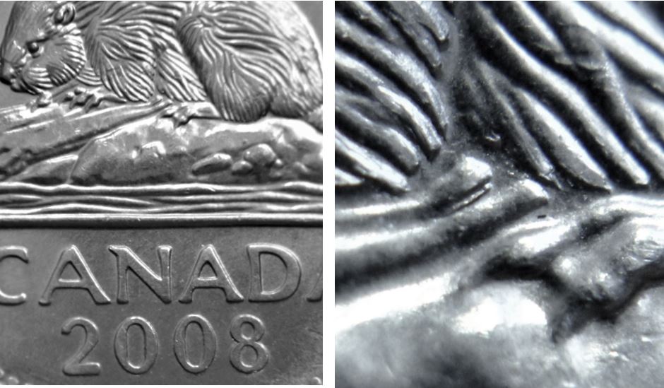 5 Cents 2008-Éclat coin entre les deux morceaux de buche sous le ventre du castor-1.JPG