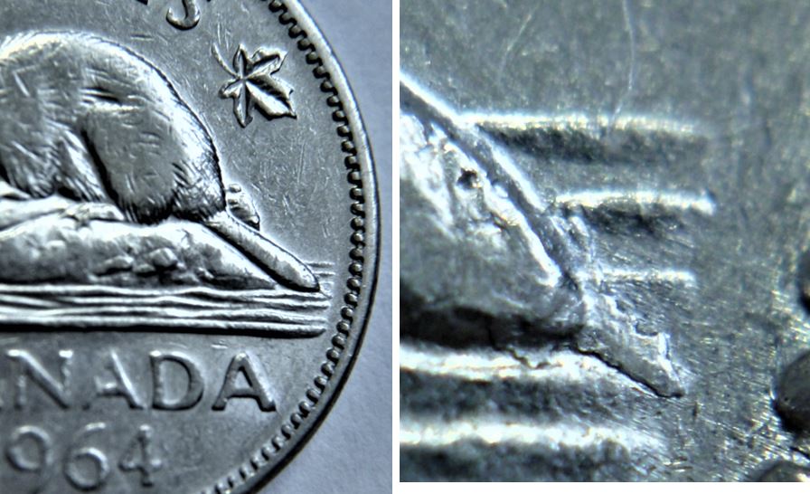 5 Cents 1964-Éclat coin au bout de la queue du castor.JPG