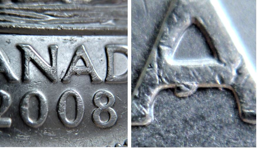 5 Cents 2008-Éclat du coin sous le 2ème A de canAda.JPG