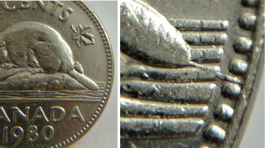 5 Cents 1980-Coin fendillé a la queue du castor+Double vagues,1.JPG