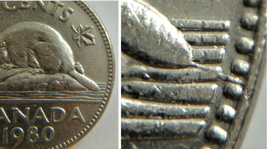 5 Cents 1980-Coin fendillé a la queue du castor+Double vagues,1.JPG