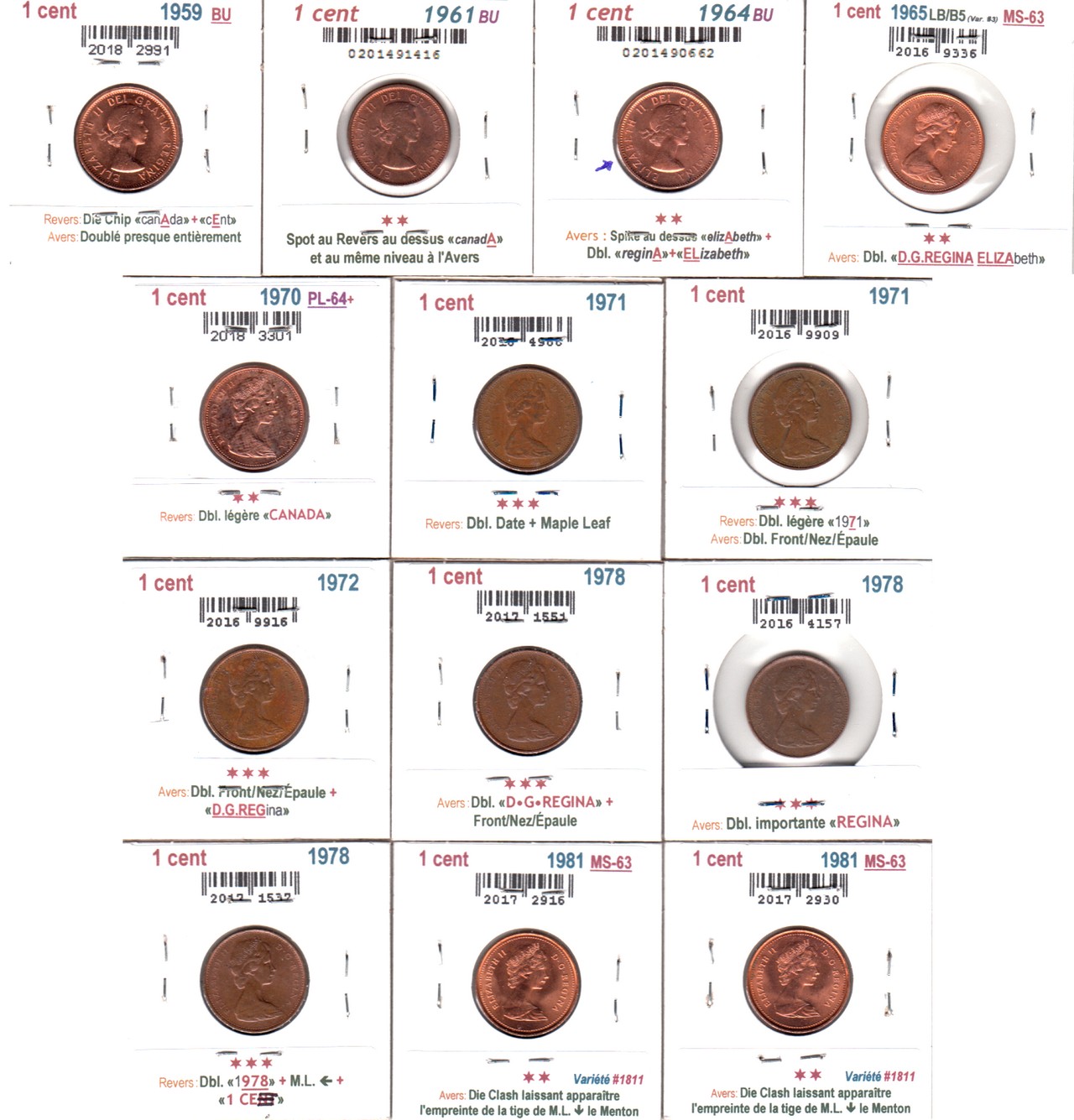 À Vendre - Lot 13x1c avec Erreurs 1959-1981 - Avers.jpg