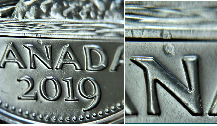 5 Cents 2019-Frappe a traver au dessus du N de caNada.JPG