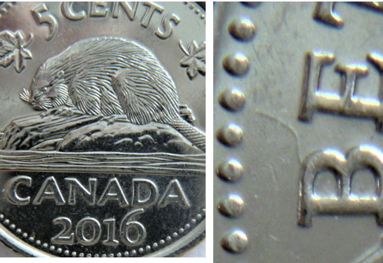 5 Cents 2016-Dommage du coin au dessus B de elizaBeth-une corne-1.JPG