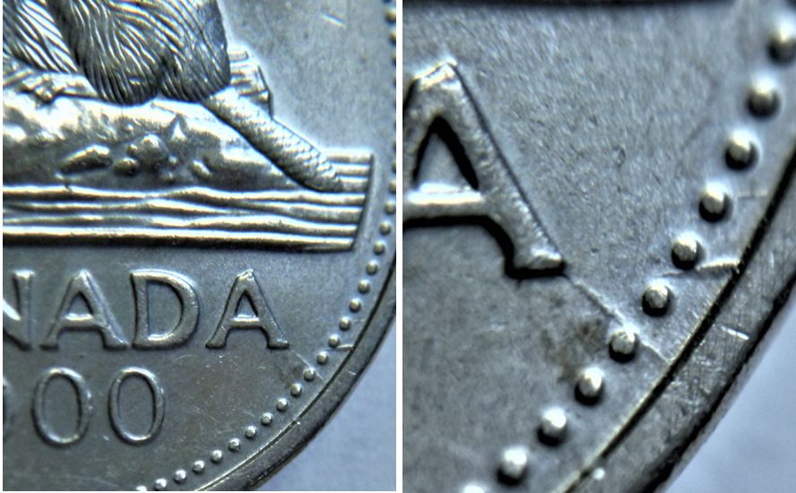 5 Cents 2000-Coin fendillé au dernier A de canadA+Dommage du coin-1.JPG