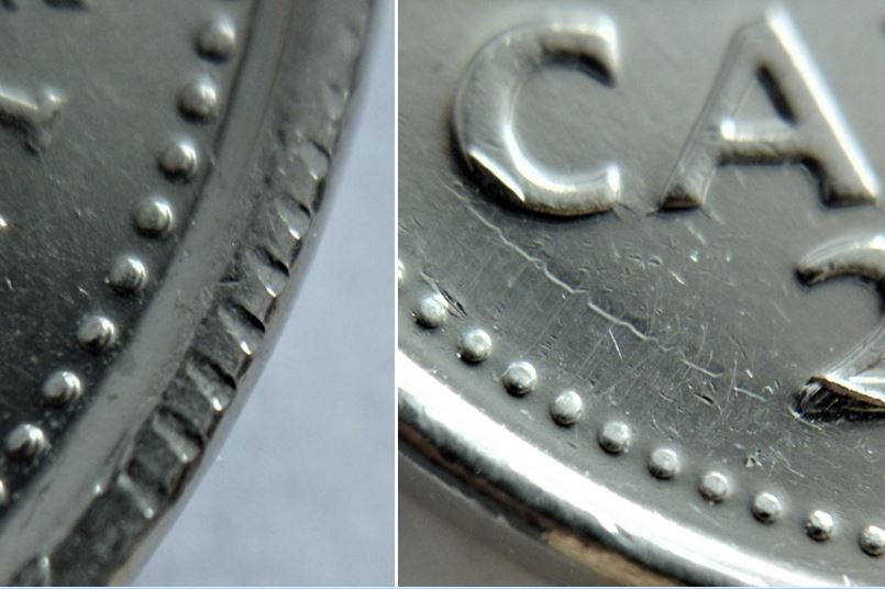 5 Cents 2013-Éclat coin au bout feuille gauche +Belle glissade avers et revers-3.JPG