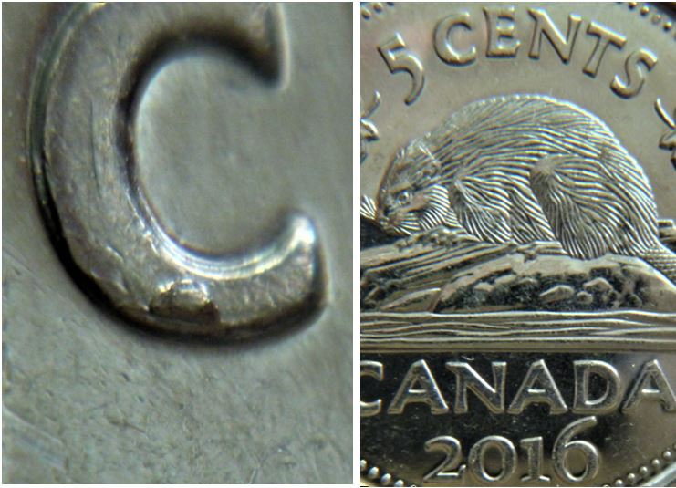 5 Cents 2016-Éclat coin sur C  de Cents-3.JPG