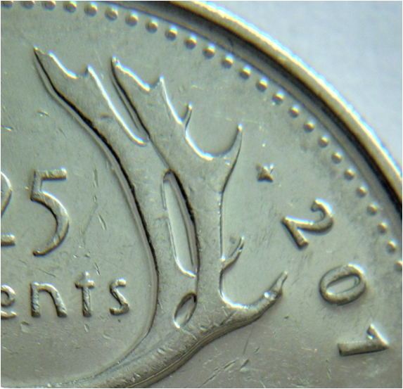 25 Cents 2013-Double bois arrière du caribou-Éclat coin dans le 2013-3.png