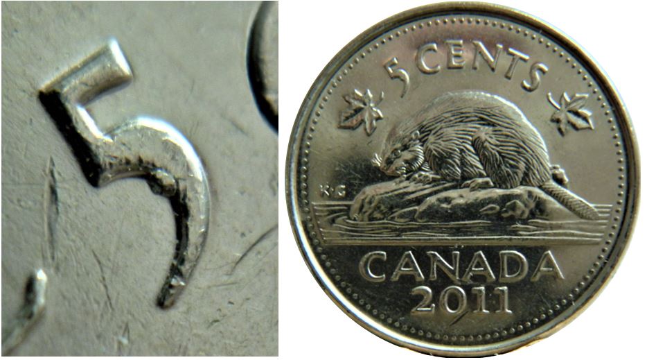 5 Cents 2011-Écéat coin dans le 5 -1.JPG