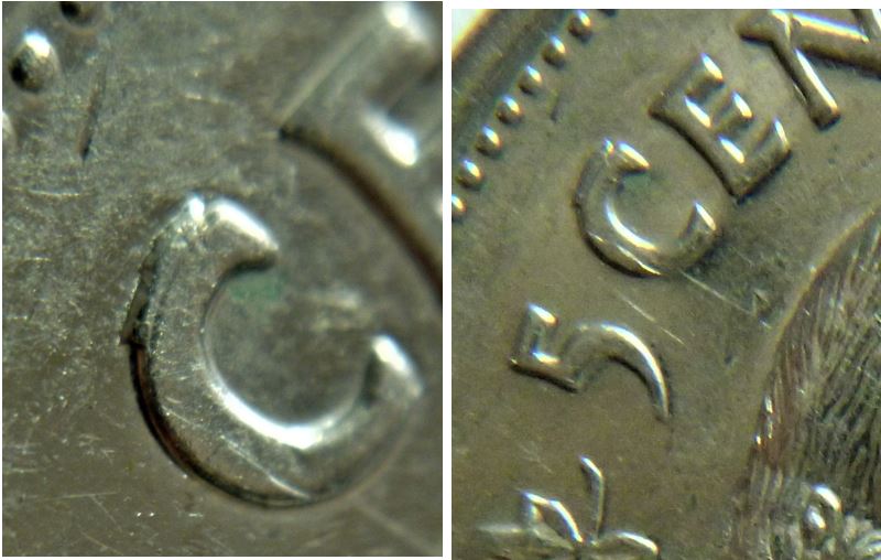 5 Cents 2001-Éclat coin sur le C de Cents-2.JPG