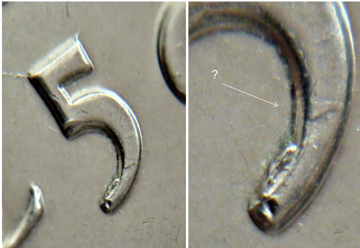 5 Cents 2015-Coin fendillé devant les vagues-Éclat coin dans 5-2.JPG