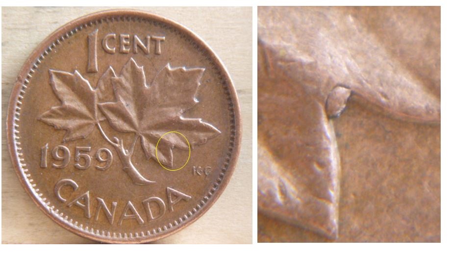 1 Cent - 1959- Éclat de coin sous feuille droite.JPG