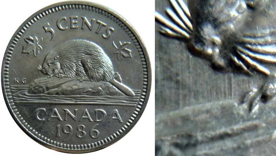 5 Cents 1986-Polisage excésif sous le nez du castor-1.JPG