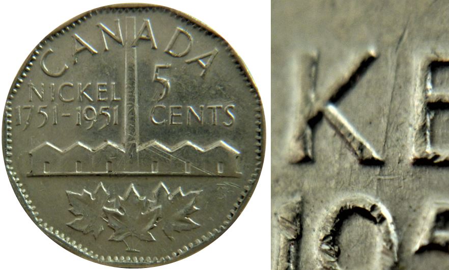 5 Cents 1951 Comm.-Dommage du coin devant K de nicKel-Coin fendillé sous effigie-1.JPG
