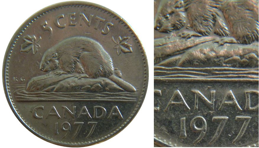 5 Cents 1977H-Coin entrechoqué sous menton du castor-,2.JPG