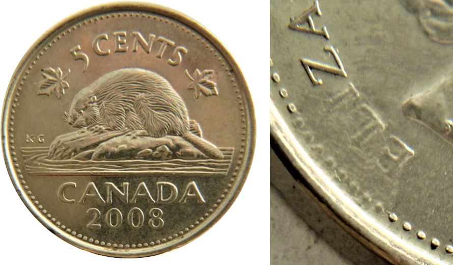 5 Cents 2008-Frappe à fravers sur ELI de ELIzabeth-1.JPG