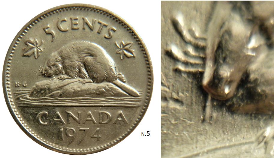 5 Cents 1974-Dommage du coin sous nez du castor-N.5.JPG