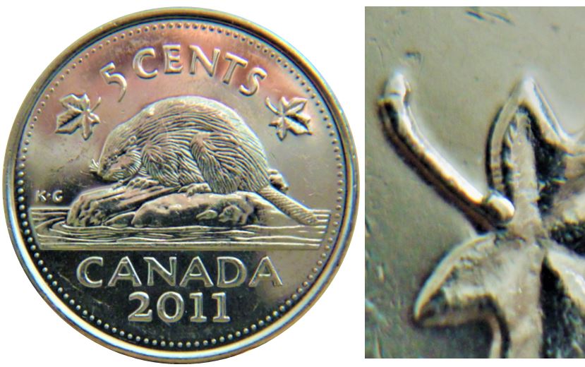 5 Cents 2011-Bosse sur le dos du castor+Éclat coin sur feuille droite-1.JPG