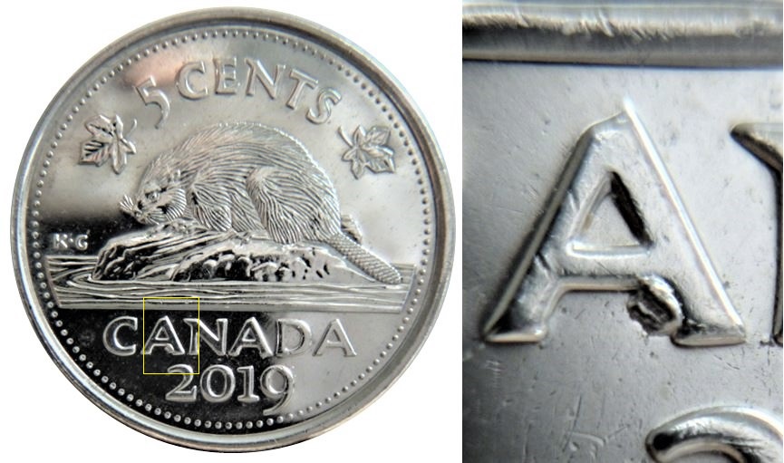 5 Cents 2019-Éclat coin sous A de cAnada-,1.JPG