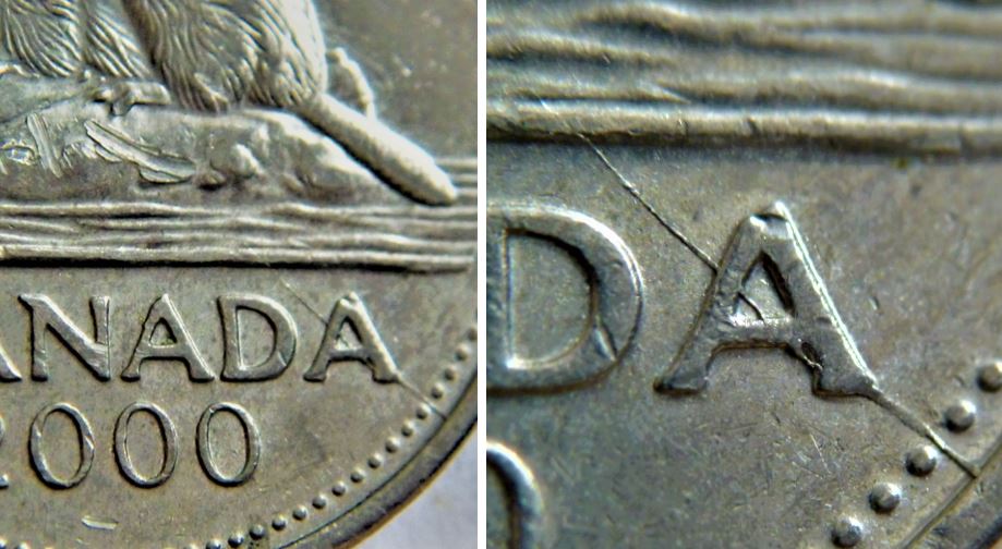 5 Cents 2000-Coin fendille à travers A de canadA-1.JPG