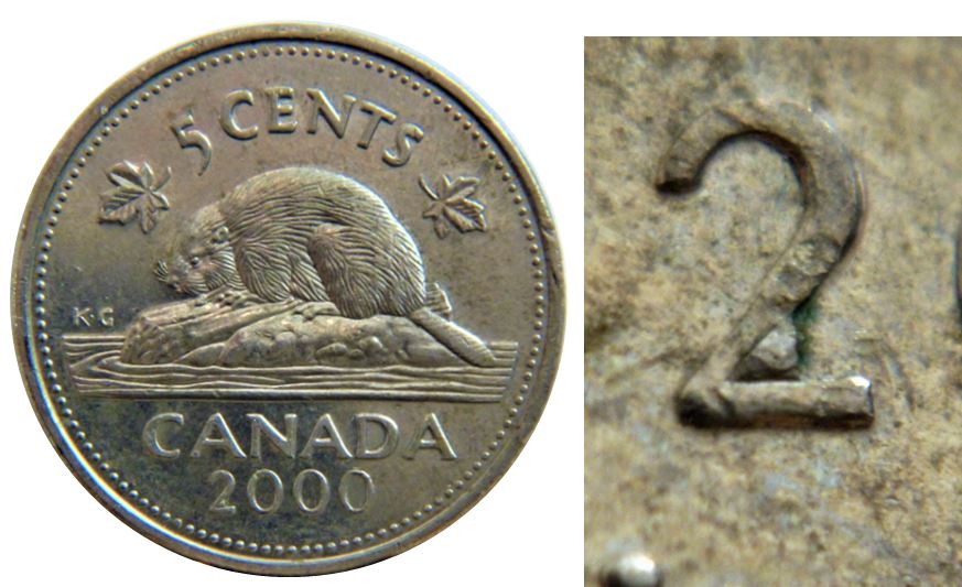 5 Cents 2000-Éclat coin sur la la patte du 2-1.,.JPG