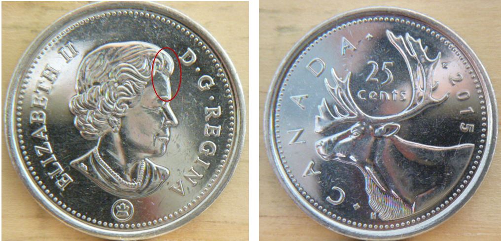 25 Cents 2015-Éclat de coin dans les cheveux de effigie-1.JPG