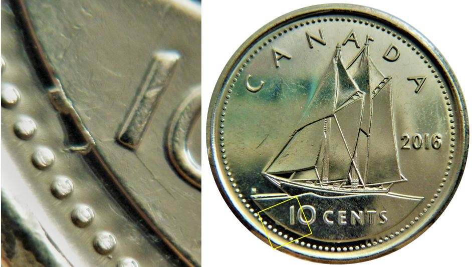 10 Cents 2016-Coin fendillé sous le 1-Éclat coin sous l'eau-1.JPG