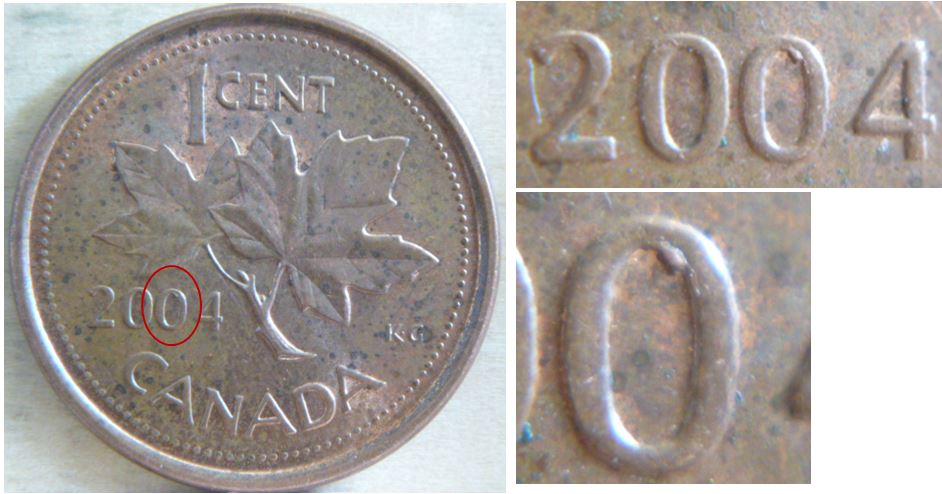 1 Cent 2004-Éclat de coin dans 2ème 0 de la date.JPG