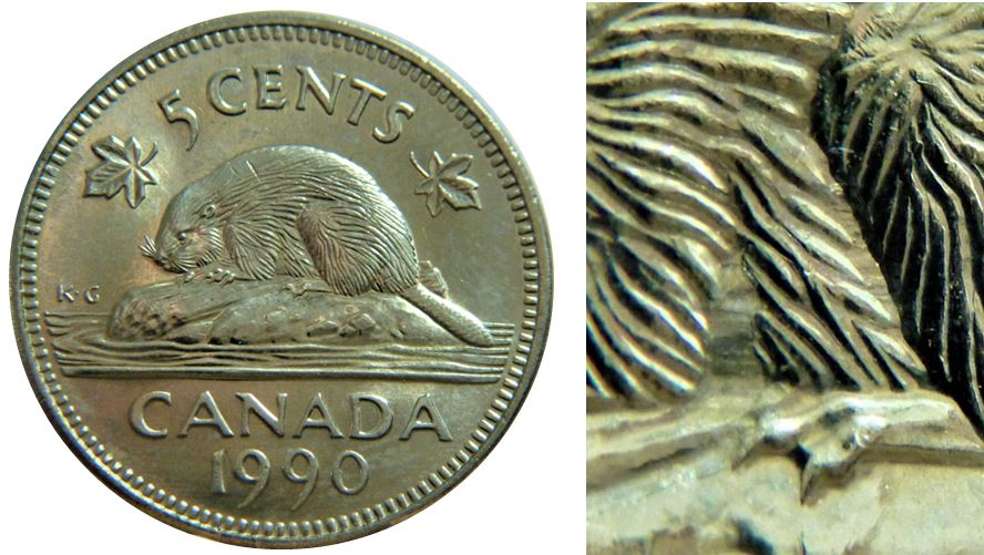5 Cents 1990-Manque de fourrure-Coin fendillé sur A au denticule de canadA-1.JPG