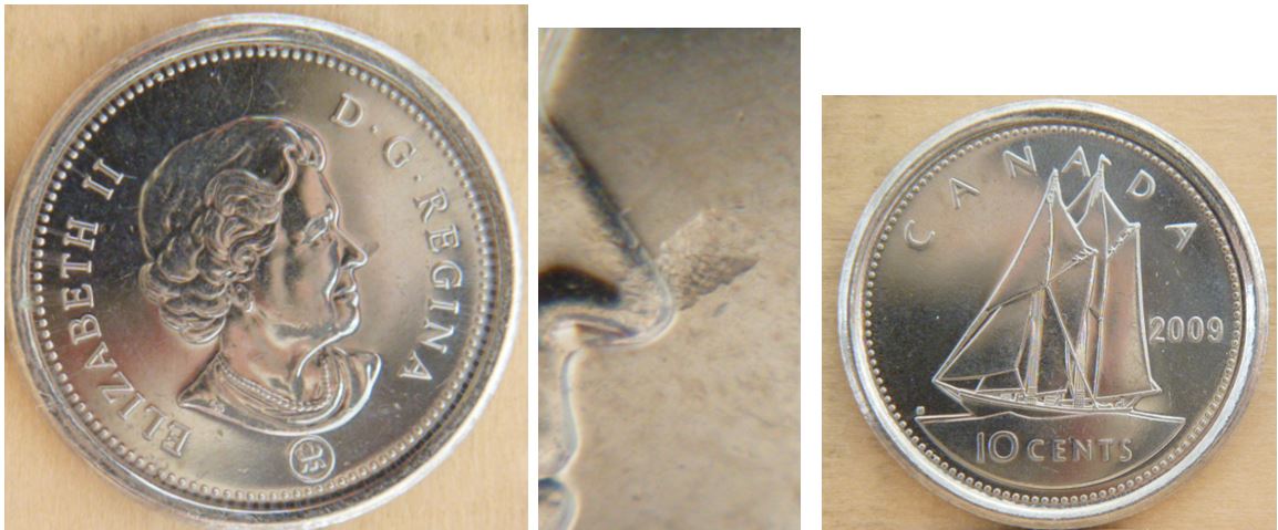 10 Cents-2009-Frappe a traver au nez de effigie-3.JPG