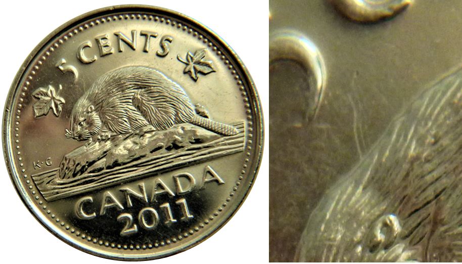 5 Cents 2011-Coin entrechoqué au dessus du castor-1.JPG