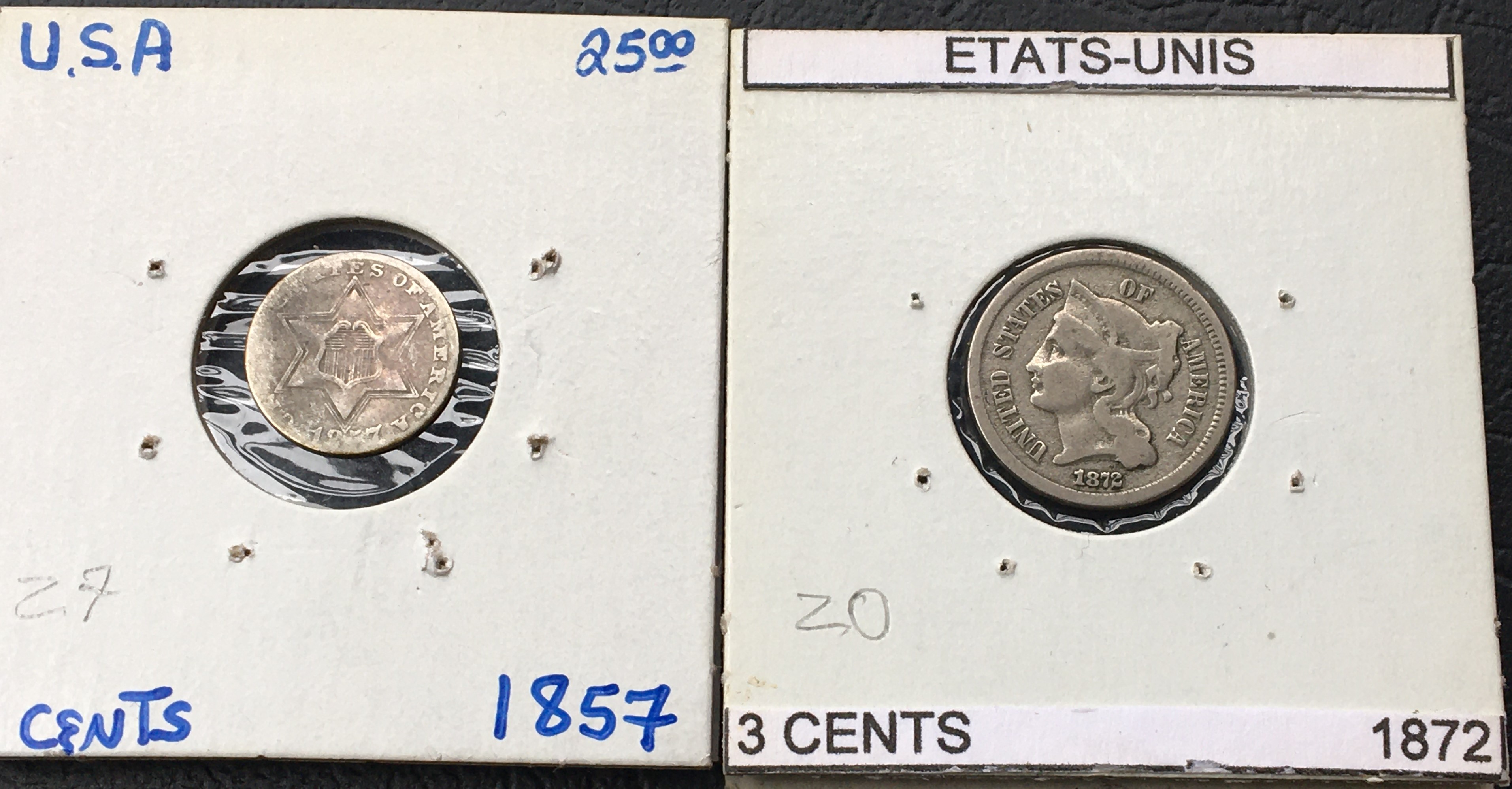 3 cents 1857 et 1872.JPG