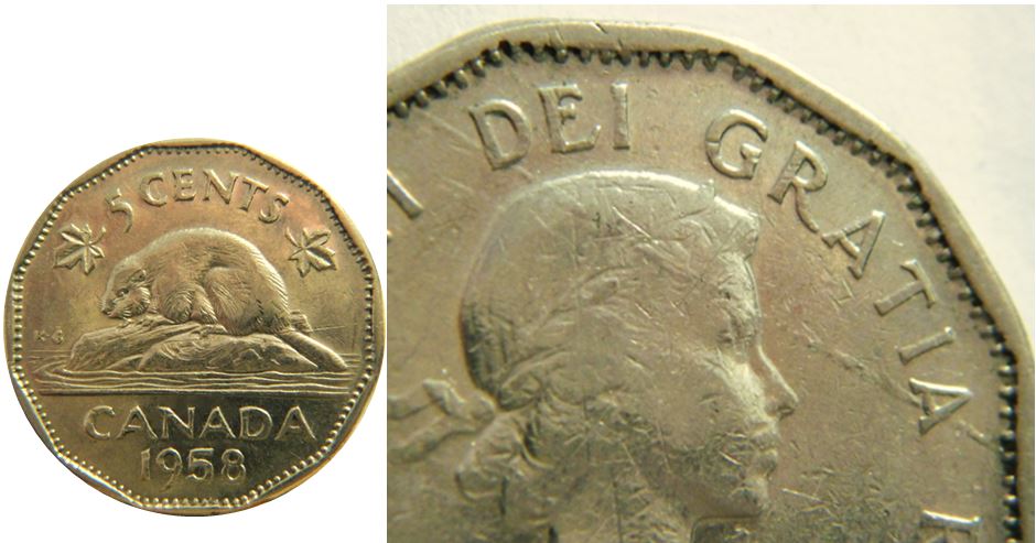 5 Cents 1958-Coin cassé et retenu ou défaut flan-1.JPG