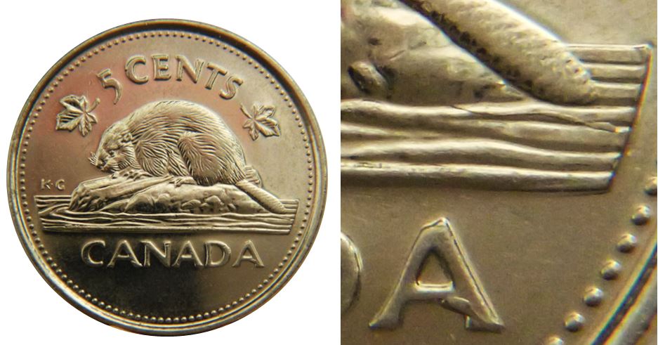 5 Cents 2002p-Serpent sous la queue du castor-Éclat coin sous A de CanadA-1.JPG