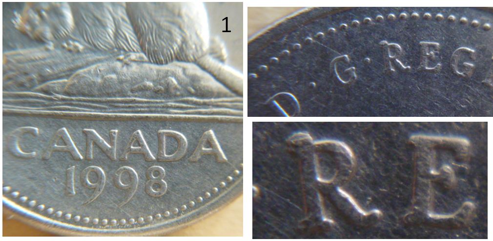 5 Cents 1998-Éclat de coin au dessus R de Regina-1.JPG